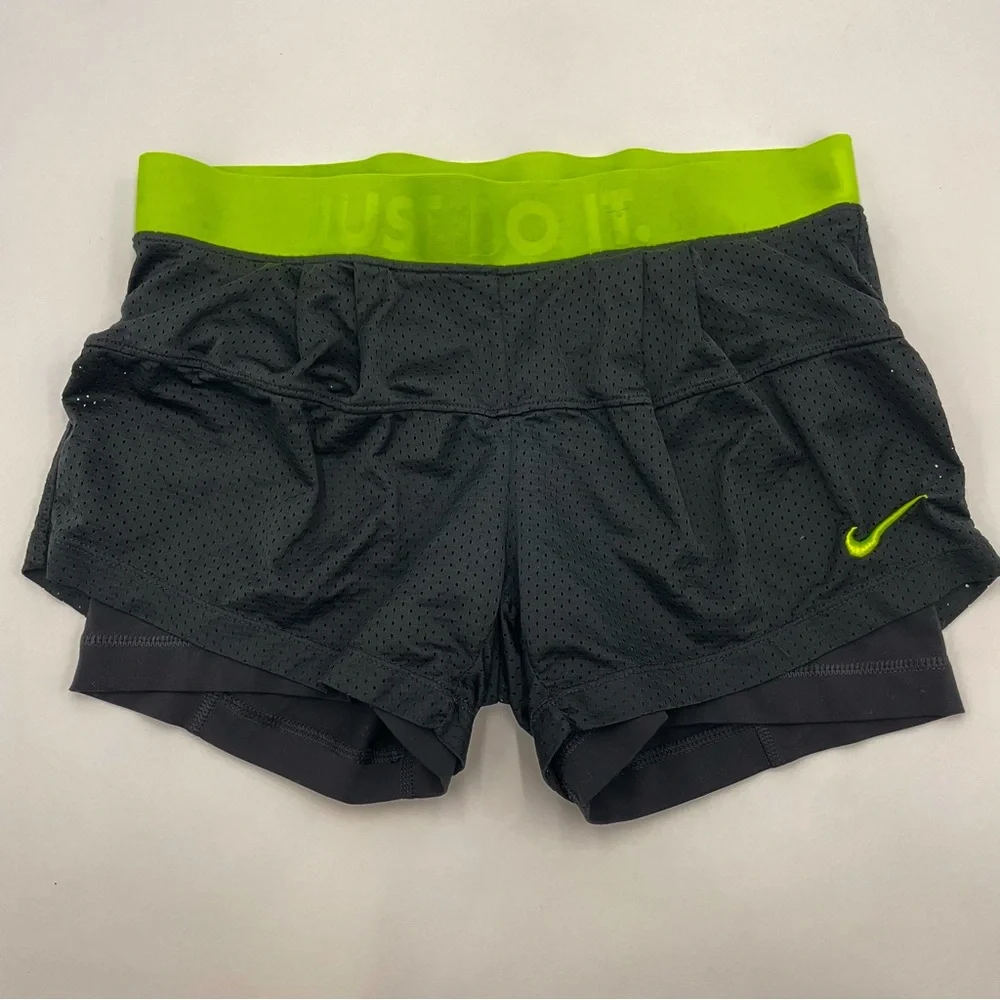 Nike Shorts Running Layers Black Neon Band Women Size‎ Small Fitted Mesh Stretch